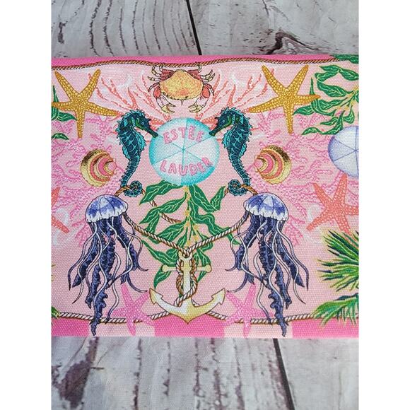 ESTEE LAUDER Sea Horse Printed Makeup Bag Shell Zipper Pink New Without Tags - Picture 2 of 8